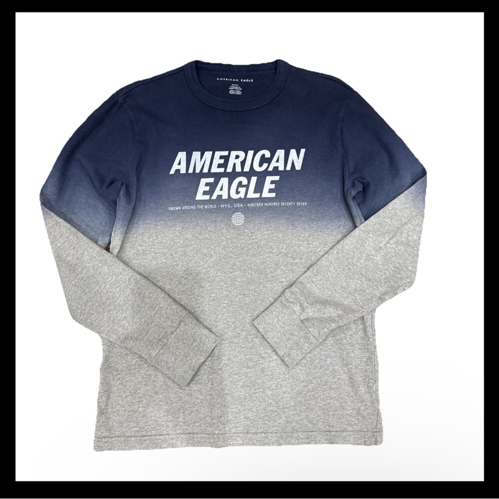 American Eagle Outfitters LS Crew Neck Gradation Navy Grey Cotton Tee Men Sz S